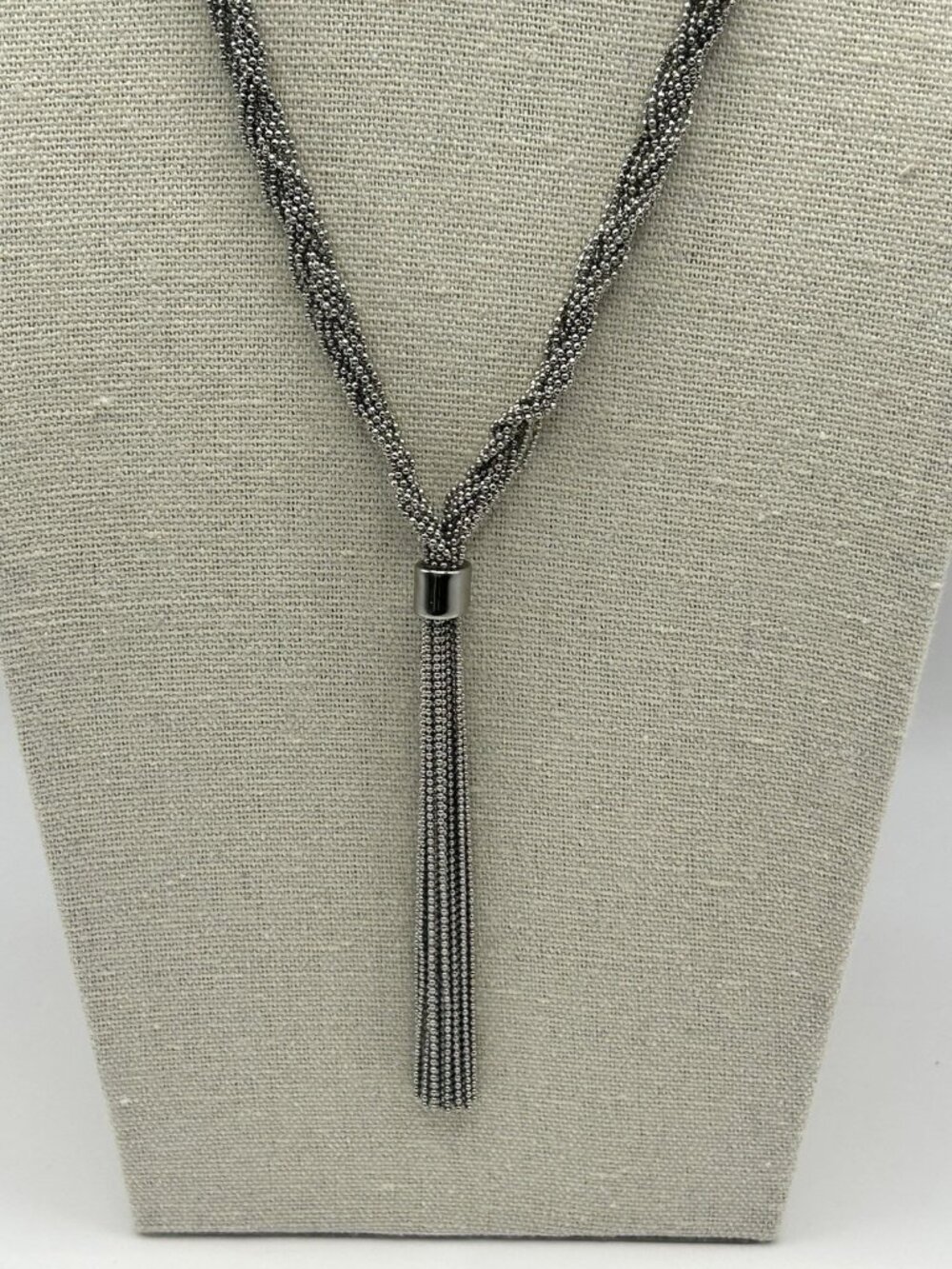 Ann Taylor Tassel Necklace LONG Silver Tone Braided Chain Signed Jewelry Gift - Picture 2 of 9